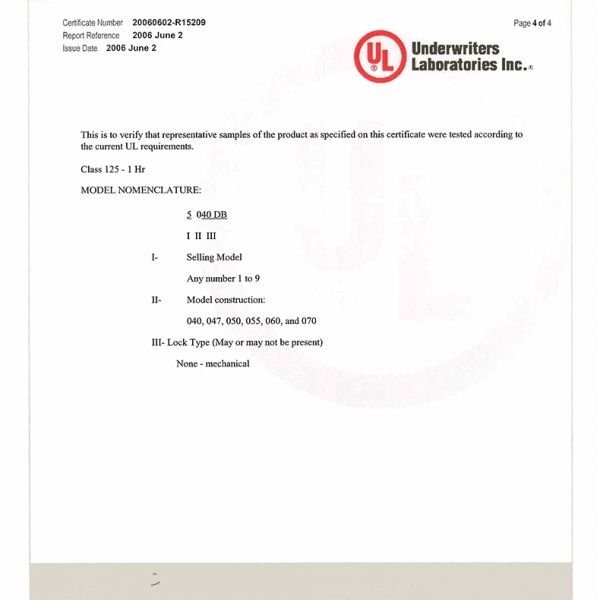 美國(guó)UL125級(jí)一小時(shí)認(rèn)證